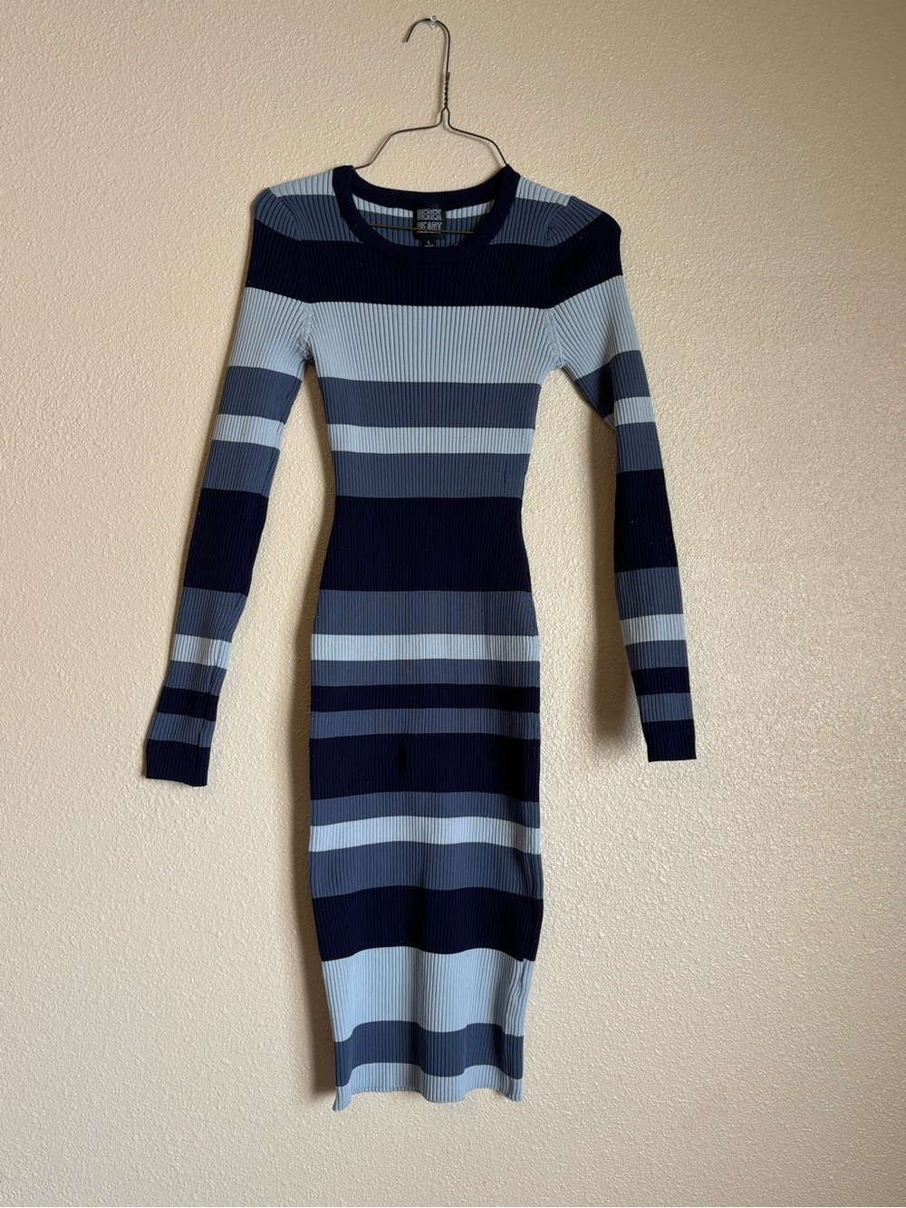 Derek Heart Navy and Light Blue Striped Long-Sleeve Bodycon Dress